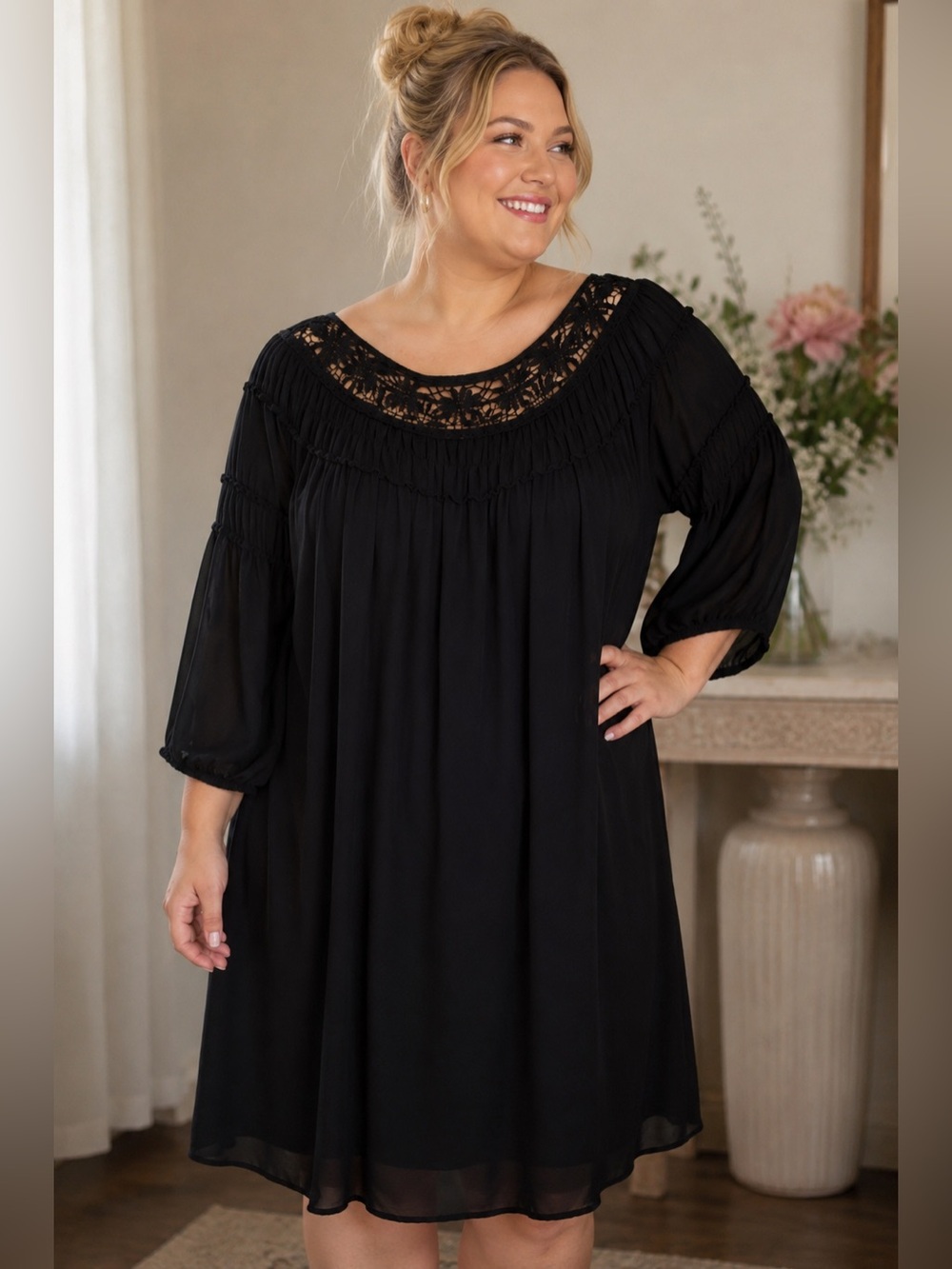 HeartSoul Plus 2X Black Crochet Neckline Babydoll Dress 3/4 Sleeve